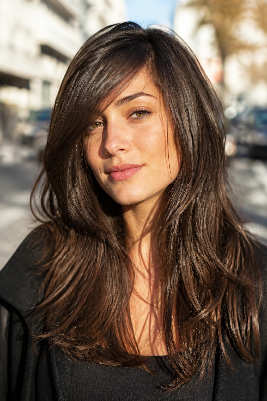 Close-up portrait of a real woman with long shag layers and a side sweep.