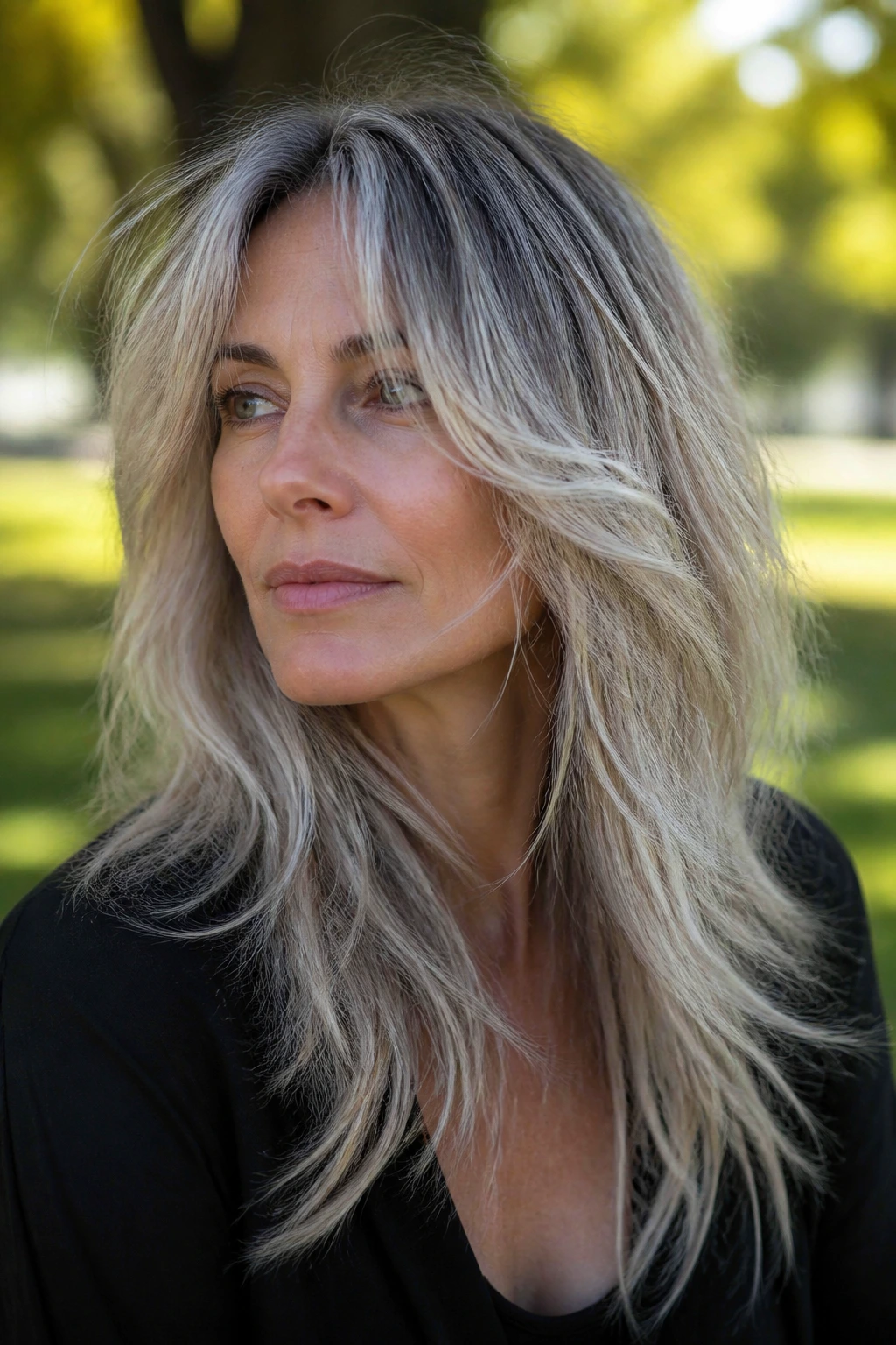 Portrait of a woman with long shag and silver threads