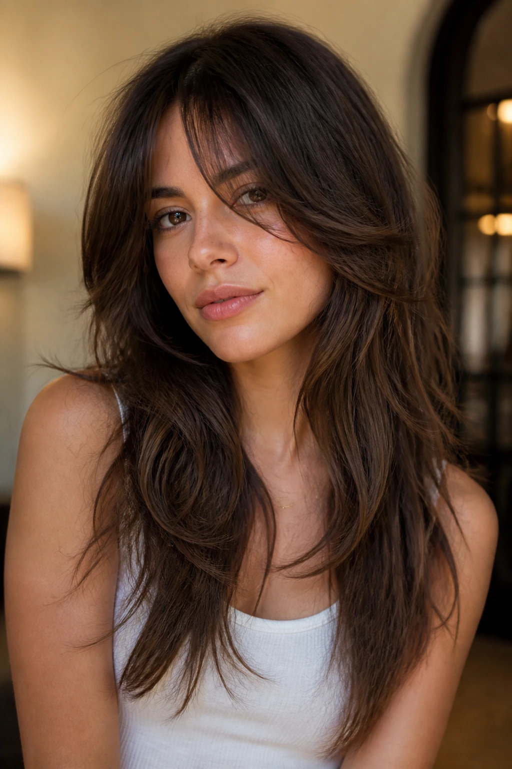 Portrait of a real person with long shag layers and a soft edge.