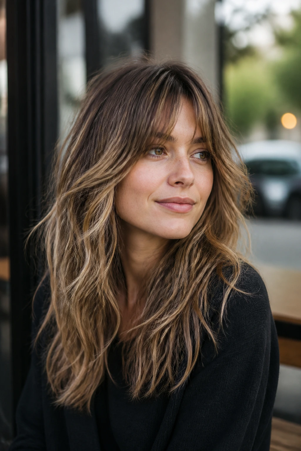 Close-up portrait of a real woman with long shag and soft fringe in outdoor cafe lighting