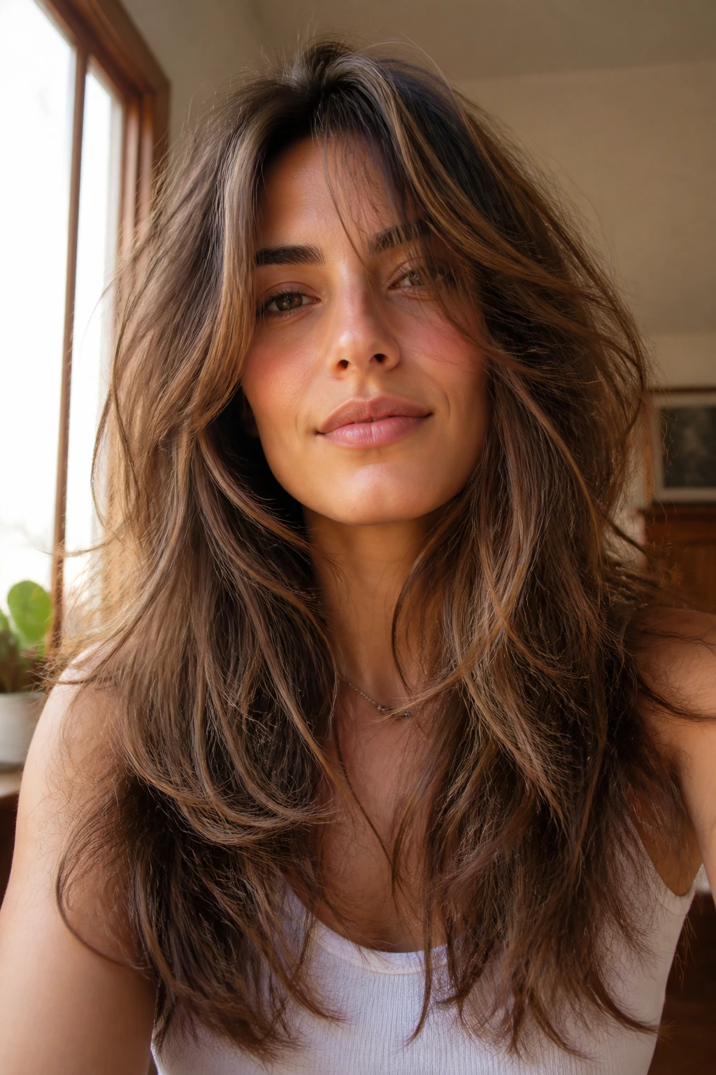 Real woman with long soft-layered shag hairstyle in warm window light