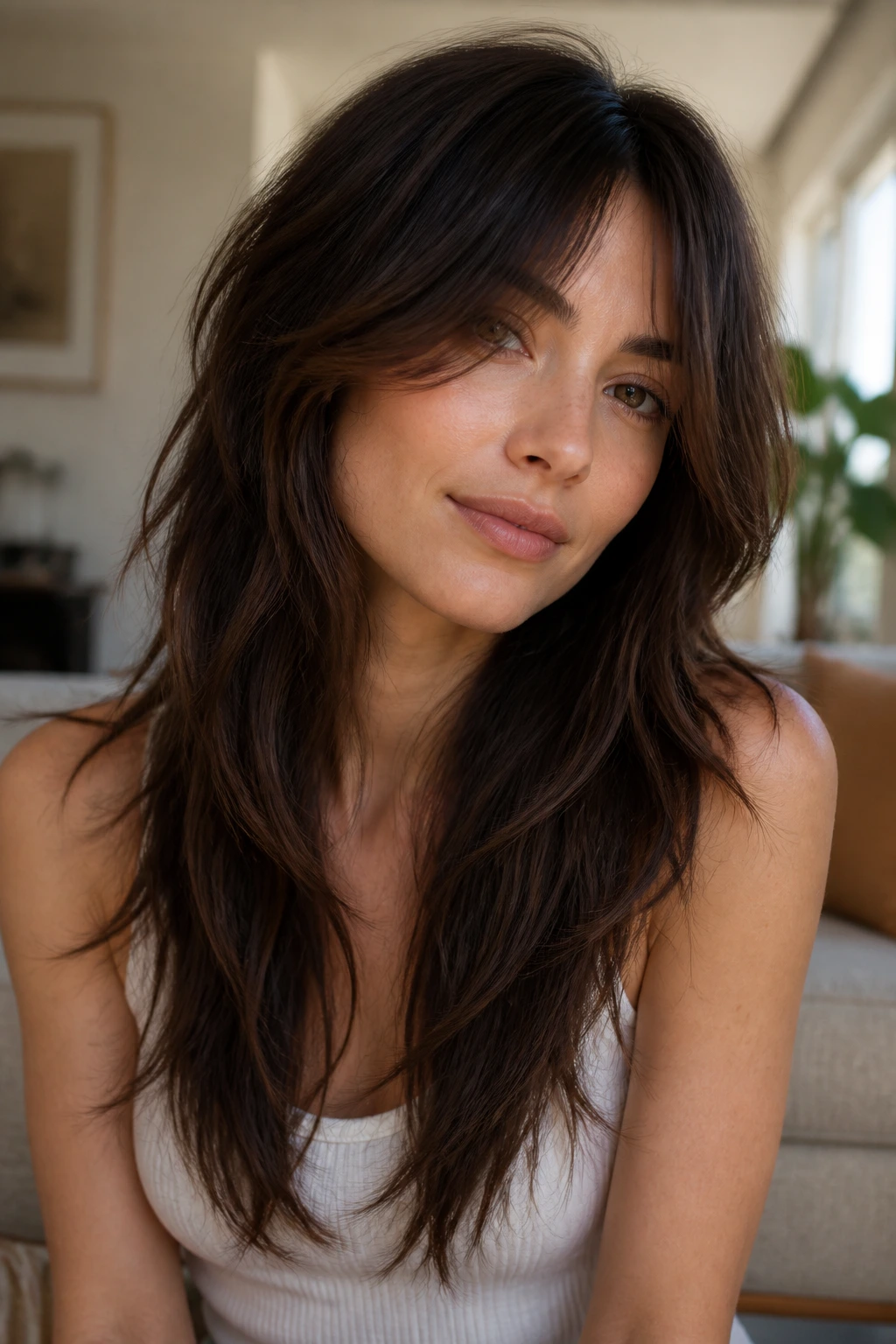 Close-up of real woman with long shag-softened layers