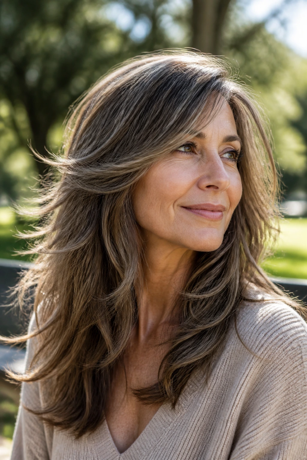 Portrait of real woman with long shag and swingy ends outdoors