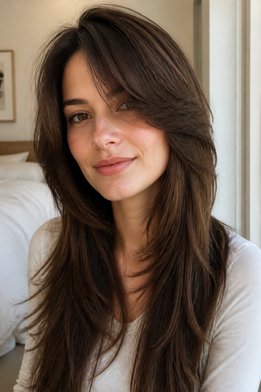 Close-up of a real woman with a long shag and swooping front piece in warm window light
