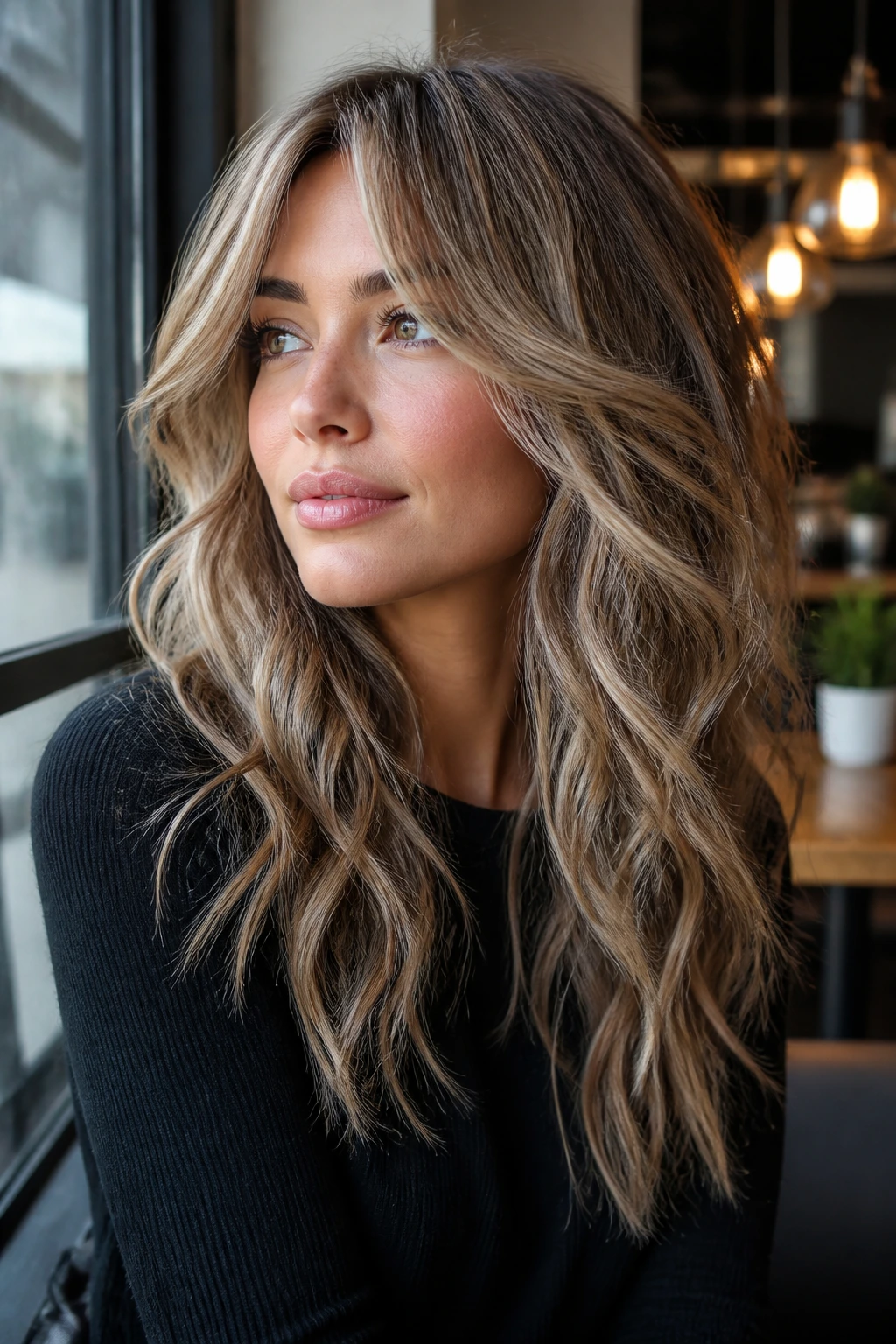 Portrait of a woman with long shag waves and ash-blonde babylights
