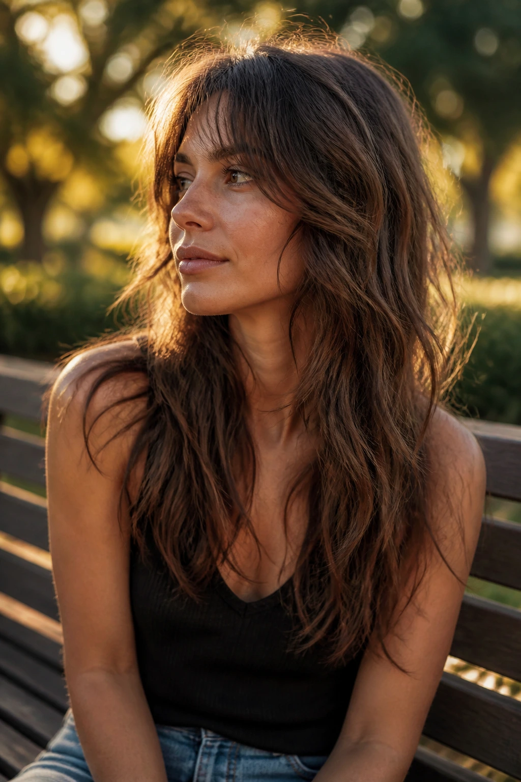 Woman with long grow-out shag on a park bench during golden hour