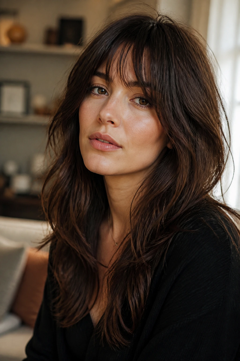 Portrait of a woman with a long shag and wispy fringe