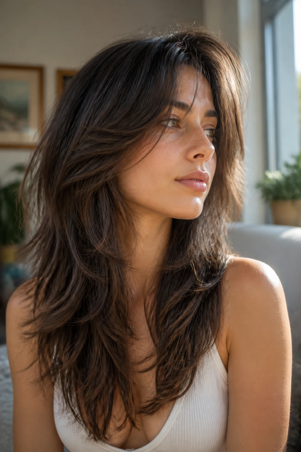 Close-up of a real woman with a long shag hairstyle showing wispy movement in a sunlit living room