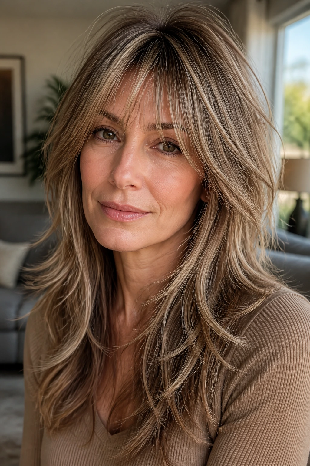 Real woman with long shag hairstyle, wispy layers and babylights in natural light.
