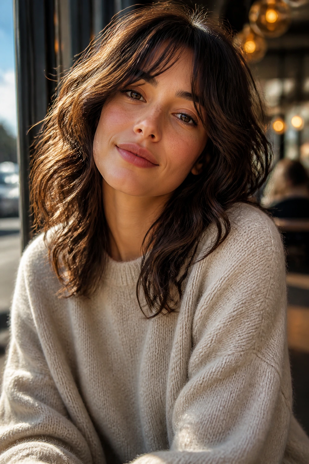 Portrait of a real person with a long shaggy layered bob in natural light by a cafe window.