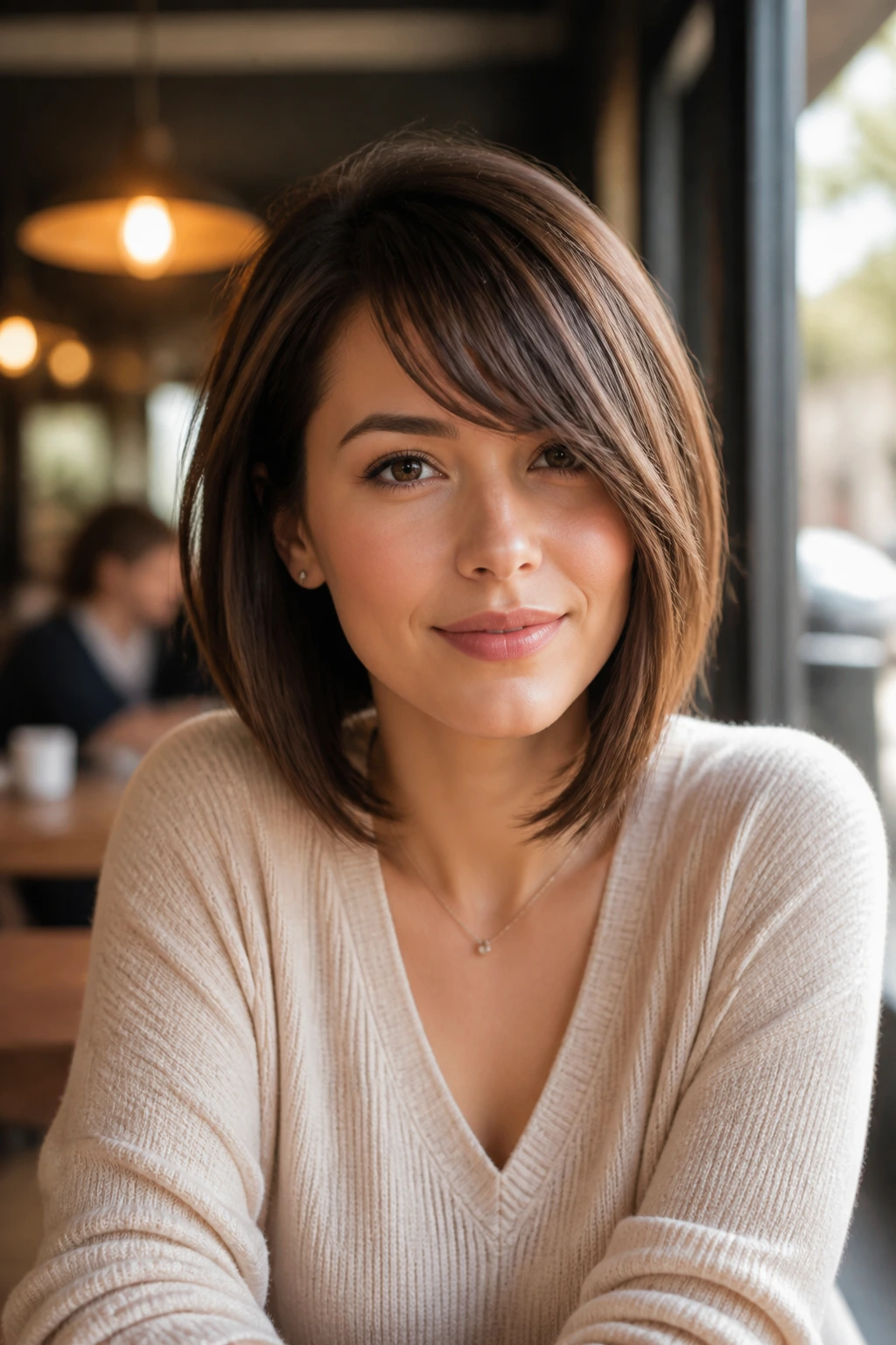 Close-up portrait of a real woman with a long side-bang bob across the forehead