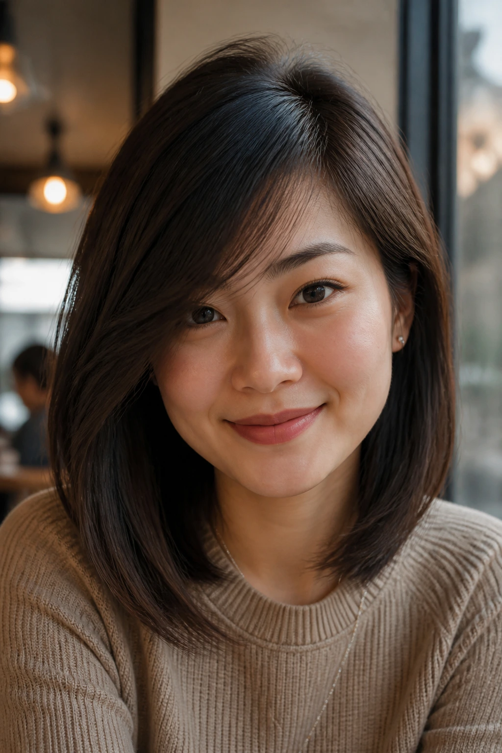 Close-up of a real woman with a long side-swept bang integrated into a lob.