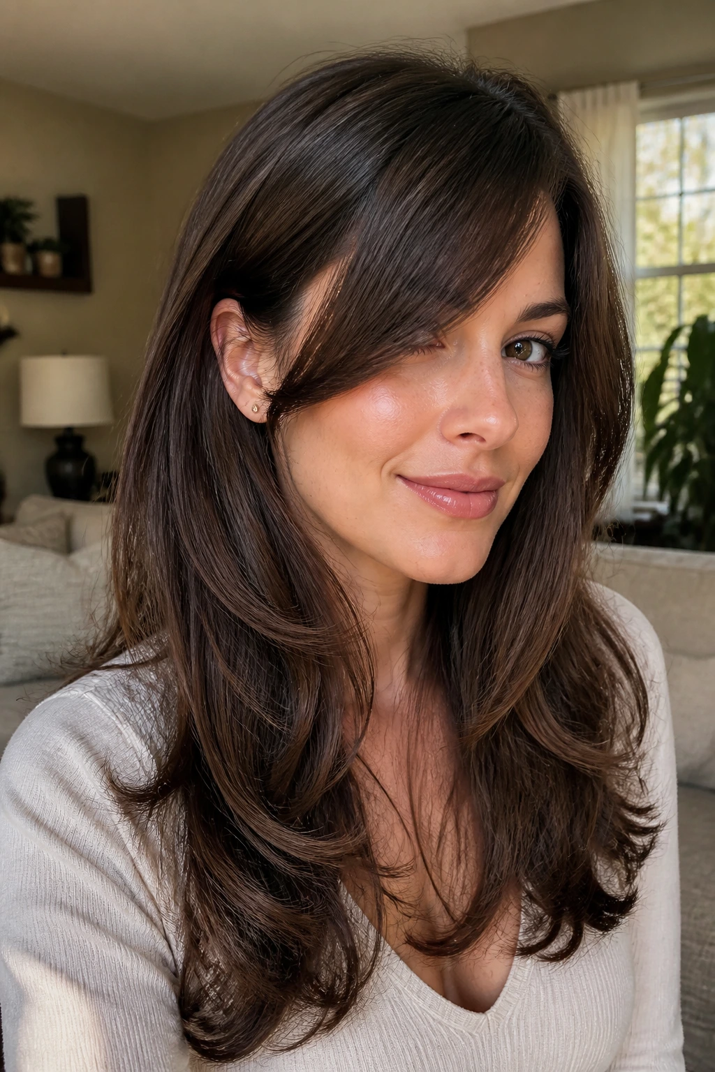 Close-up of a person with a Low-Maintenance Butterfly and Long Side Bangs, bangs blending into layers.