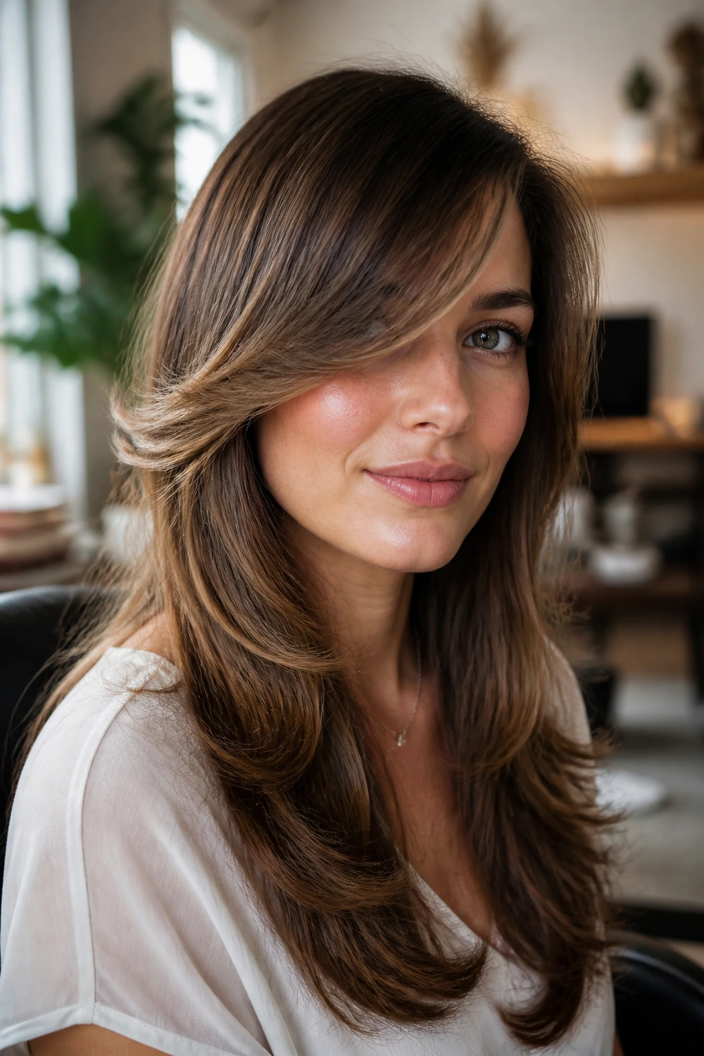 Close-up portrait of a woman with long side bangs and a vintage flip in warm natural light