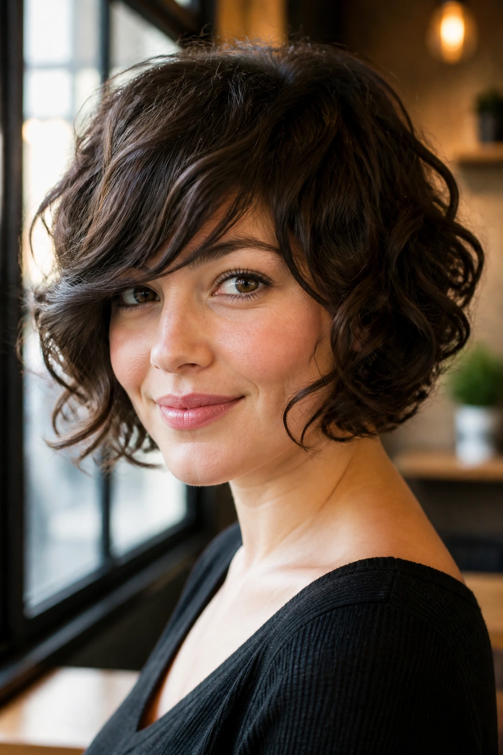 Close-up of a real woman with long side fringe in a French Bob