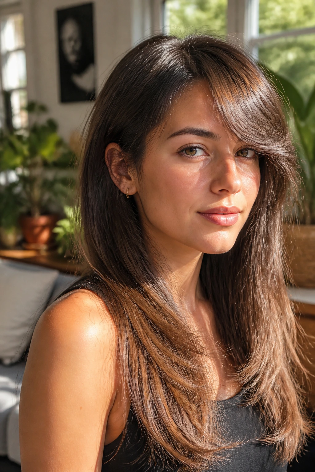 Portrait of real person with long side fringe and layers in sunlit living room