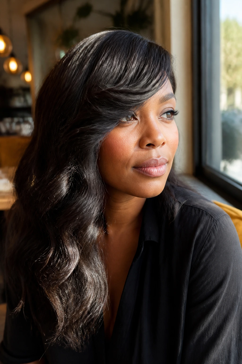 Woman with long side fringe waves framing her face