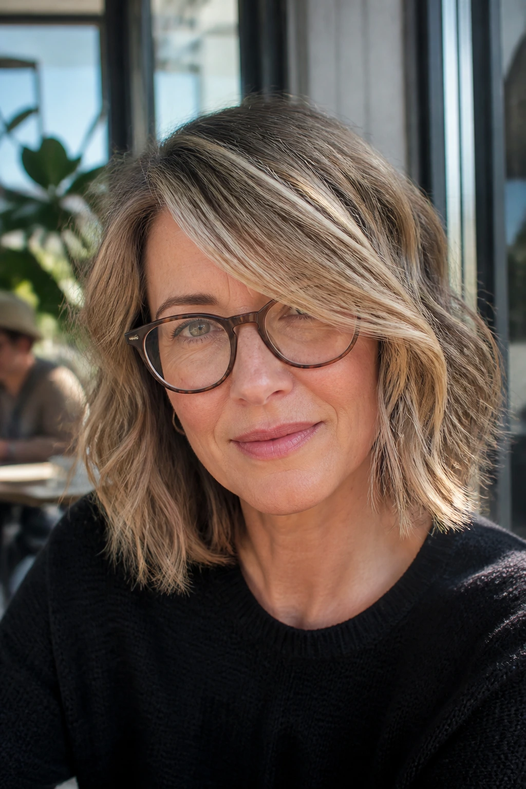 Real woman wearing a long side fringe wavy bob.