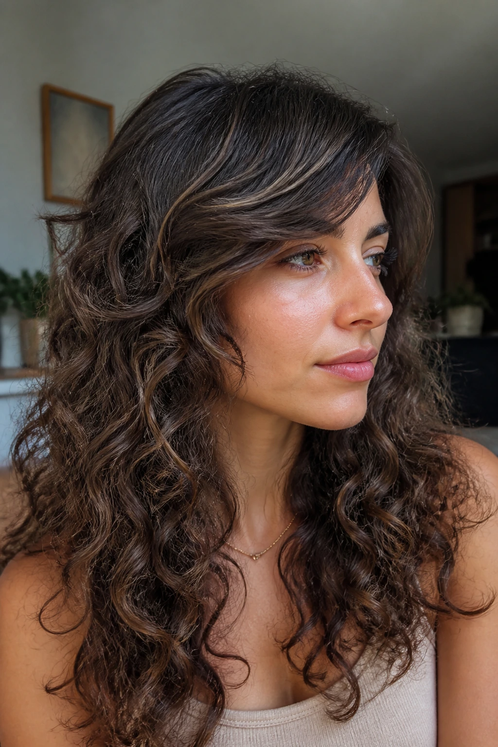 Close-up of a woman with long side-part bangs and safety layers