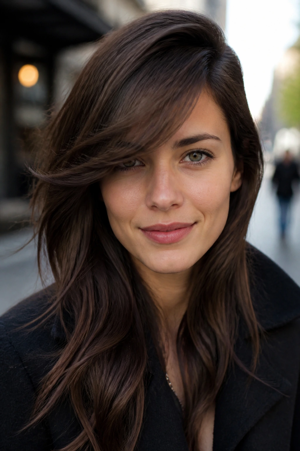 Real woman with long side-swept bangs and deep side part outdoors