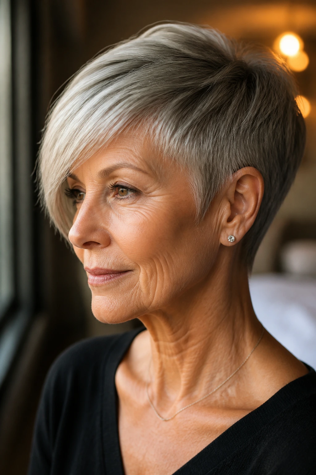 Close-up of a real woman with long side-bang crop and diagonal fringe