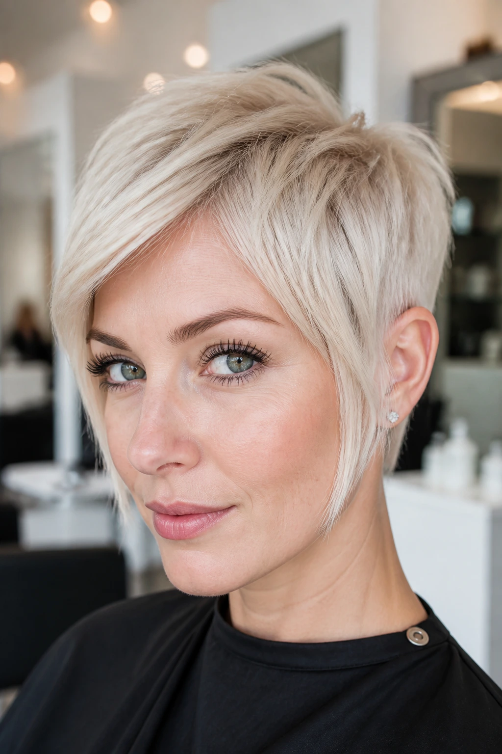 Portrait of a woman with long sideburn pixie in platinum blonde in a salon