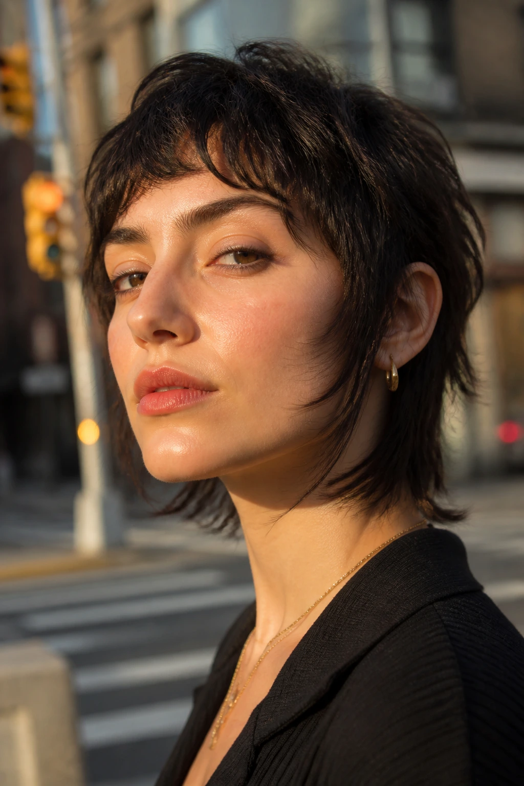 Portrait of a real person with long sideburns shag crop on a city street