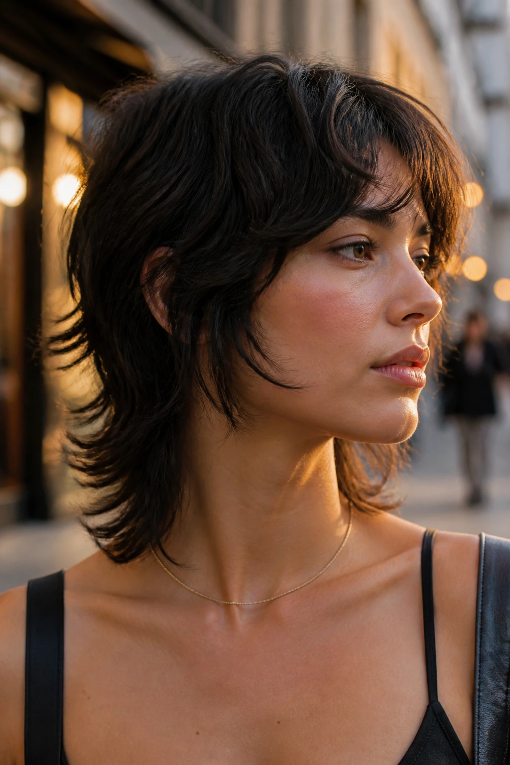 Close-up of a real woman with long sideburn shag framing the face in golden hour light.
