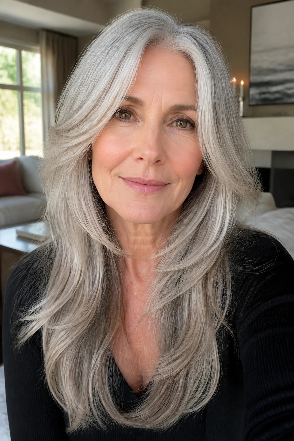 Real woman with long silver hair and face-framing layers