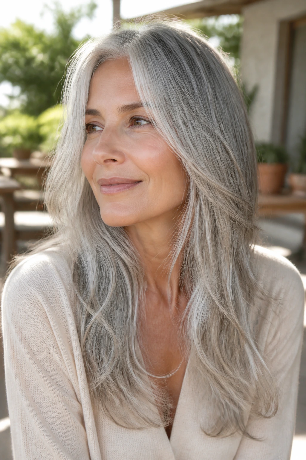 Portrait of a real woman with long silver layers and airy ends in a sunlit outdoor setting