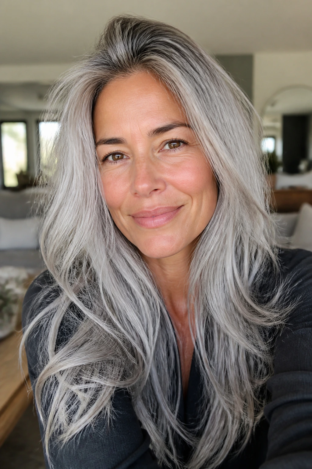 Real woman with long silver layers and soft root melt