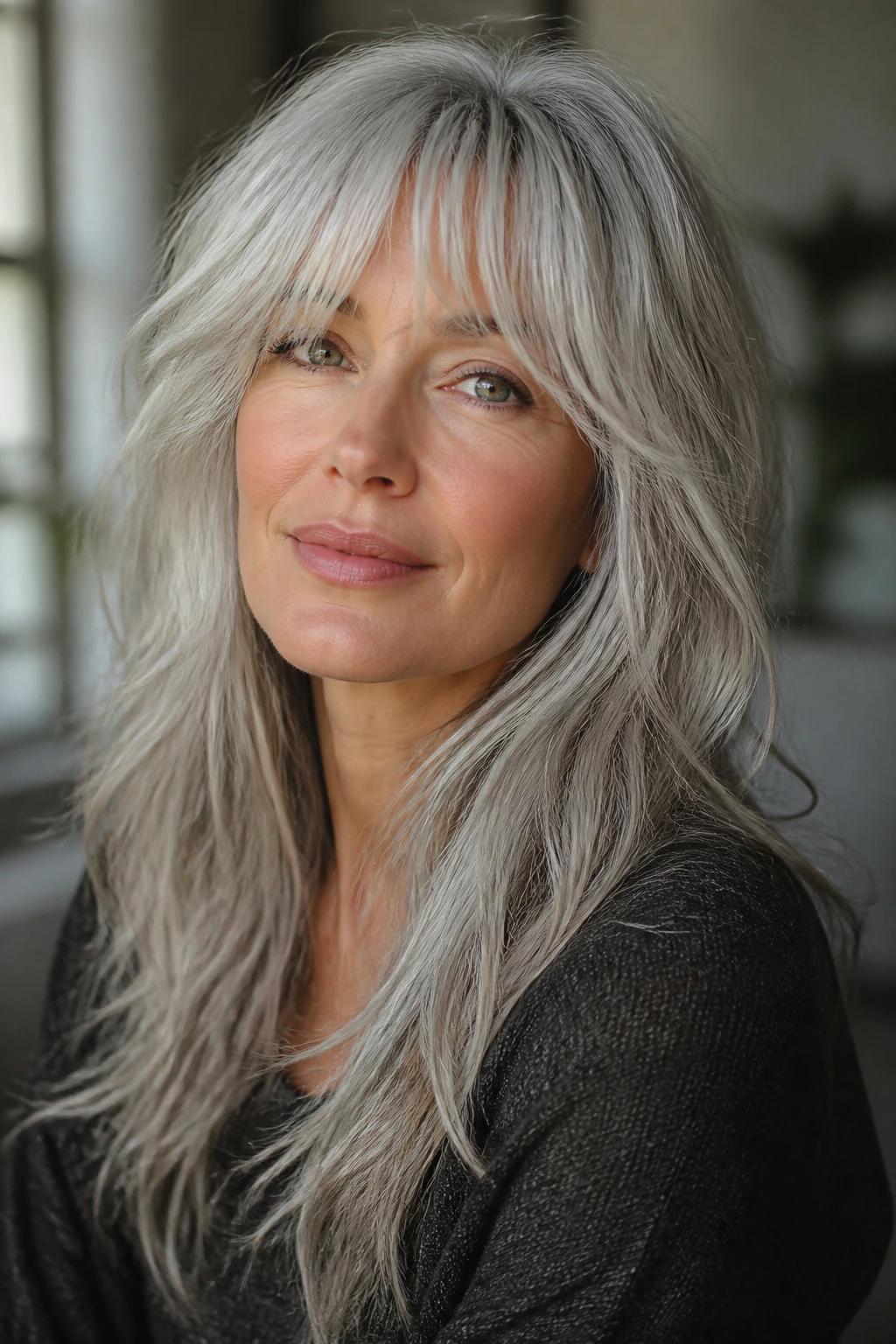 Real woman with long silver shag and wispy fringe