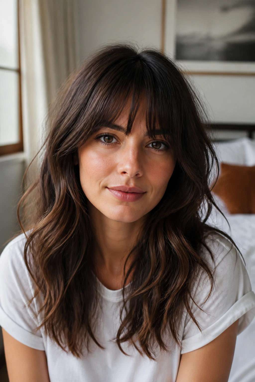 Close-up portrait of a real woman with a long skim fringe near the brow in a softly lit bedroom.