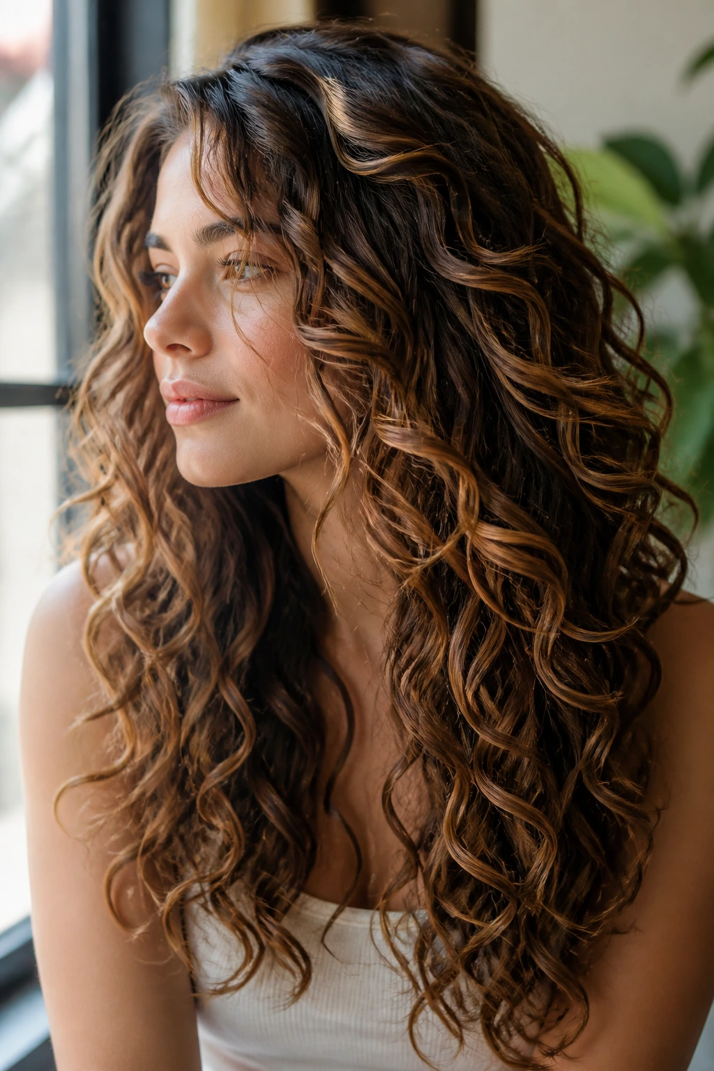 Close-up of long spiral curls with waterfall layers and caramel highlights