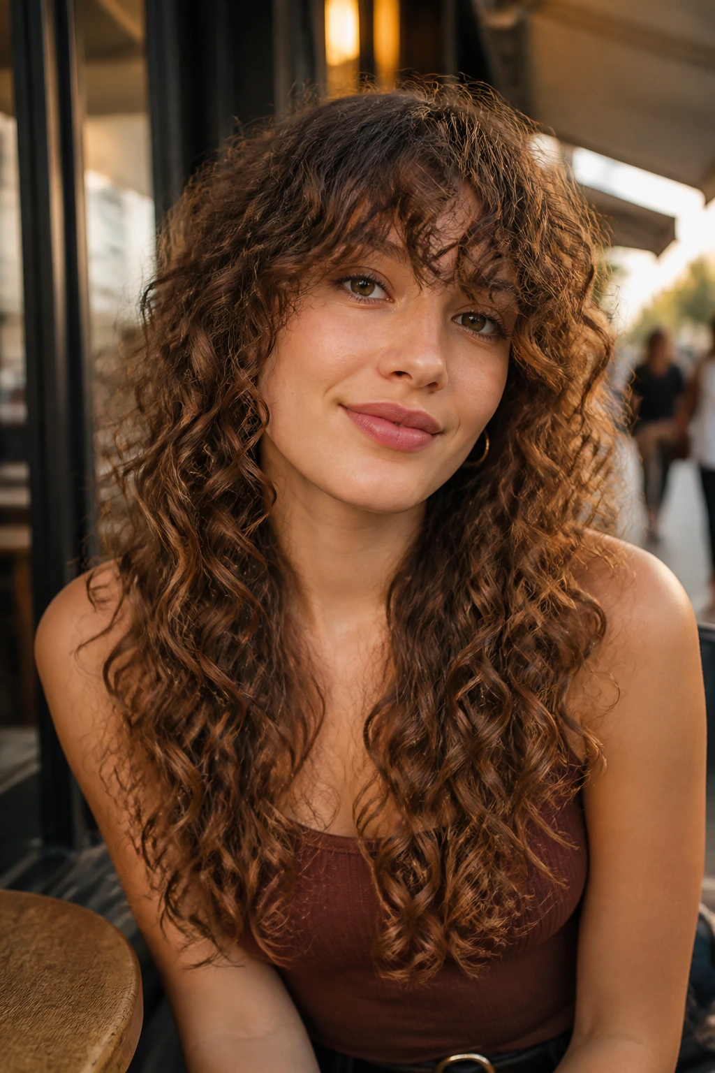 Portrait of a real person with long spiral curls and a draped fringe.