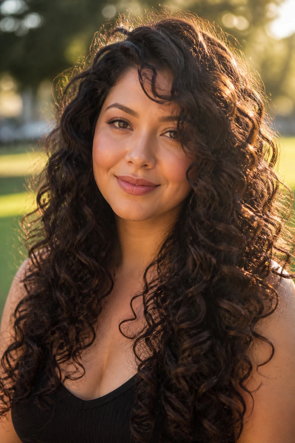 Close-up of real person with long spiral layers past shoulders.