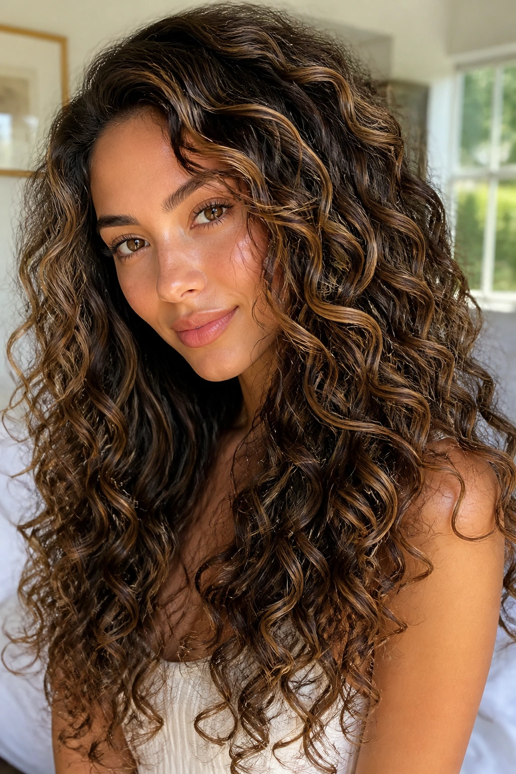 Close-up of long spiral curls with mocha lowlights woven through