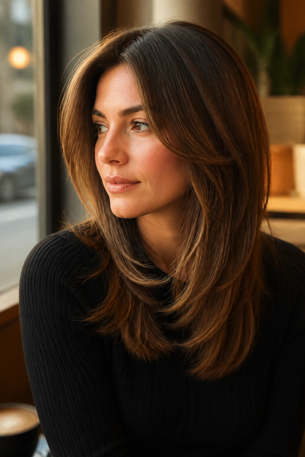 Portrait of a real person with Long Stack with Low Graduation showing back stack.