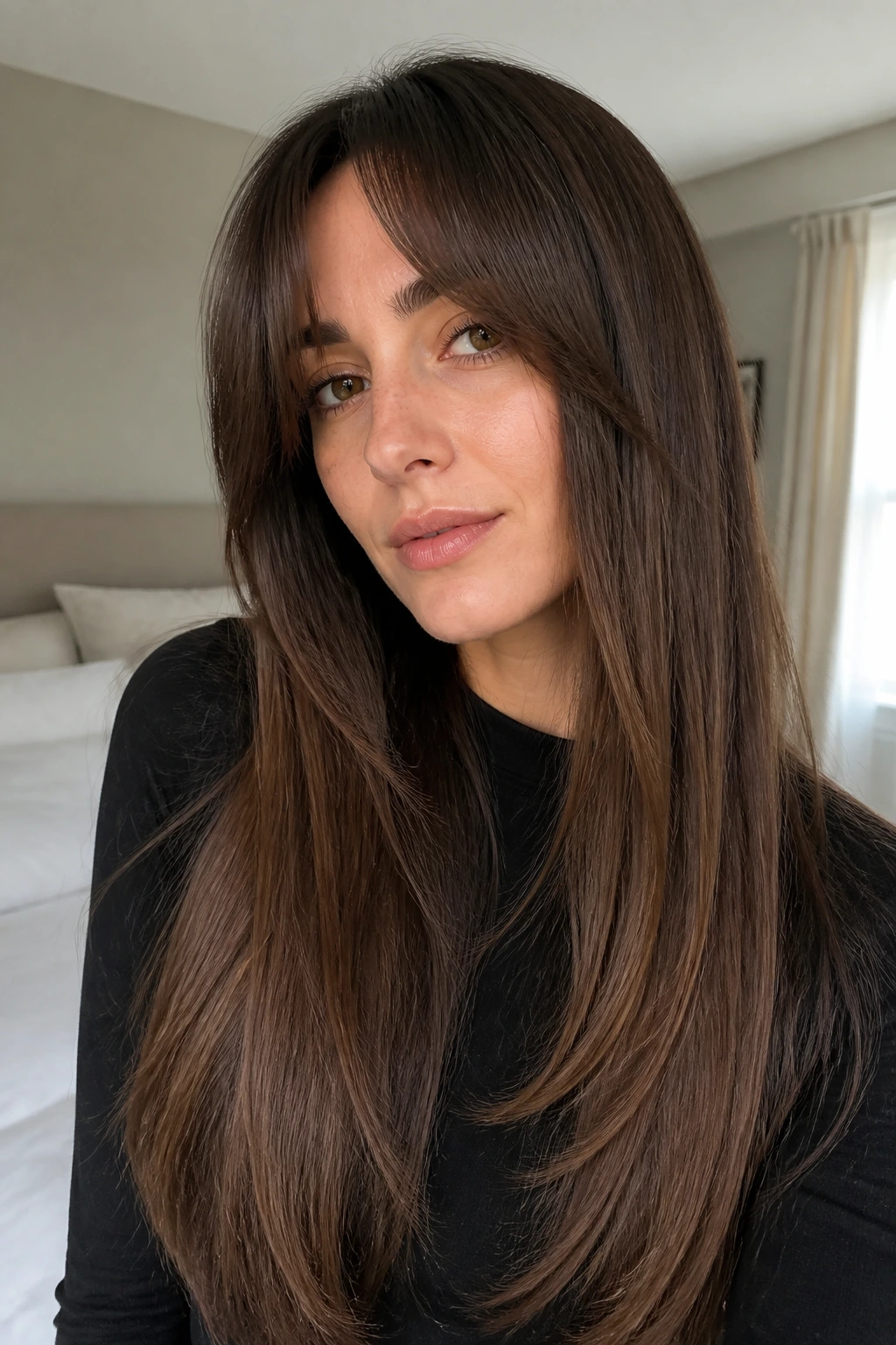 Close-up of long straight hair with soft internal layers
