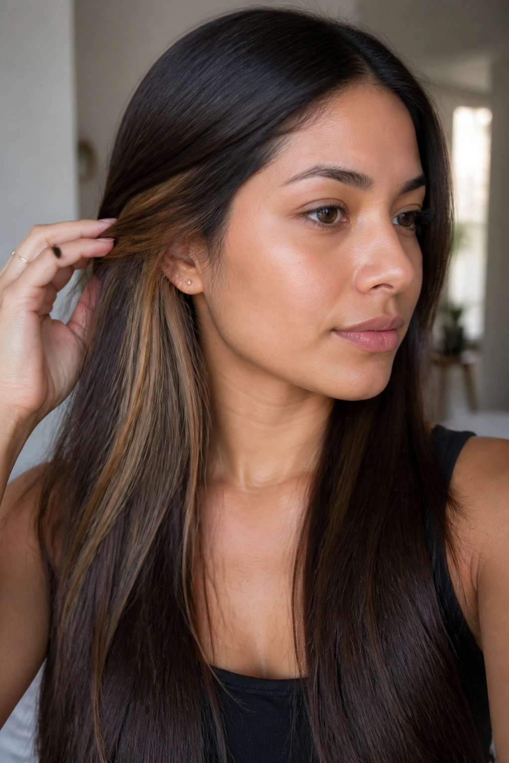 Real woman with long straight hair and peekaboo caramel layers
