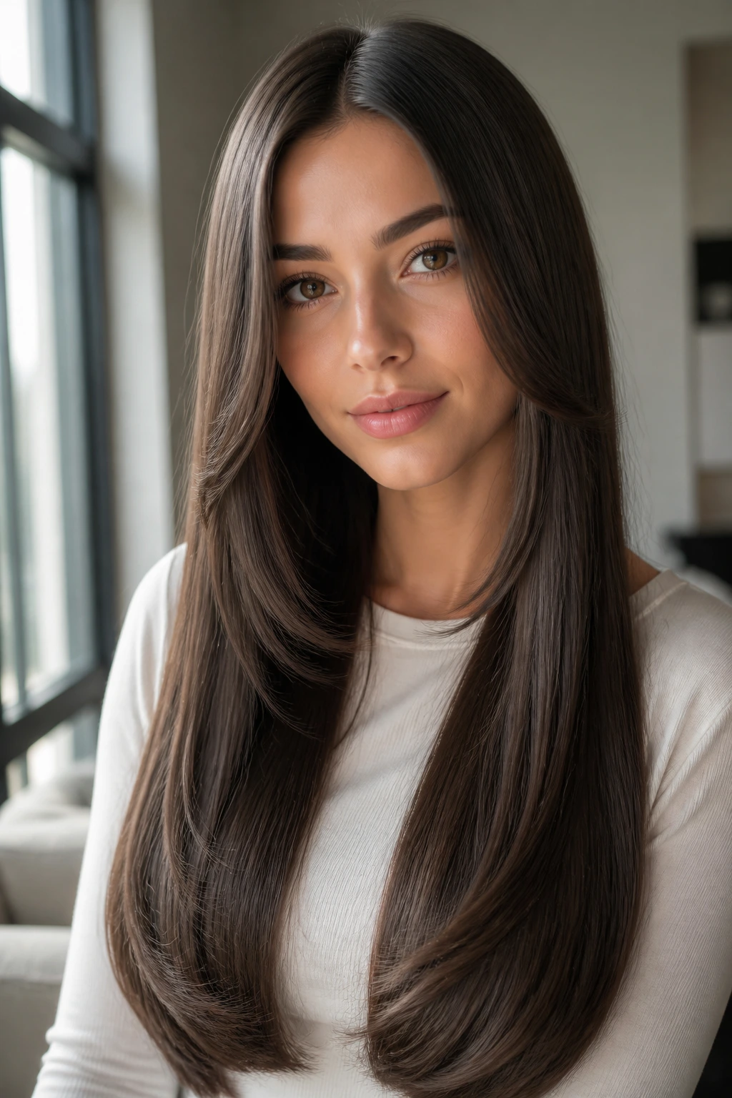 Real woman with long straight hair featuring a soft C-shape at the front