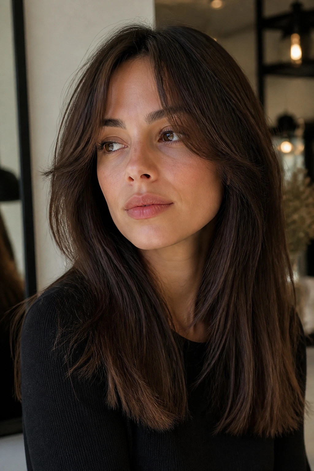 Close-up portrait of a real person with long straight layers and curtain bangs under soft lighting
