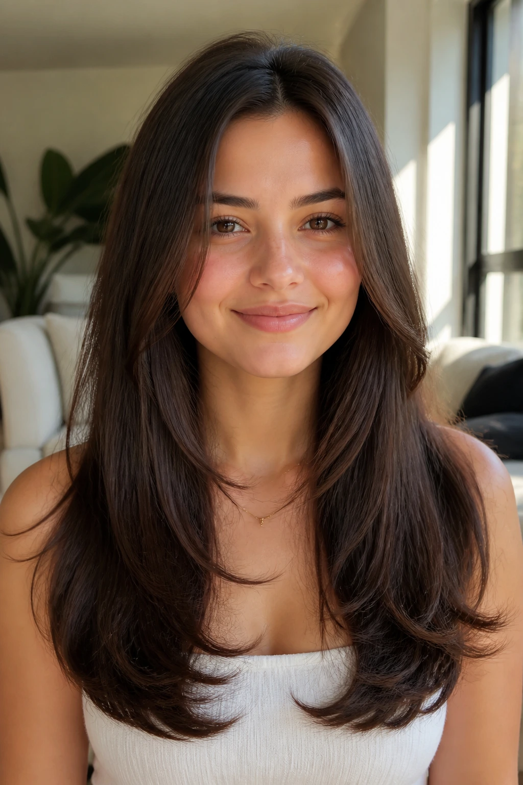 Real person with long straight hair and subtle flip at ends