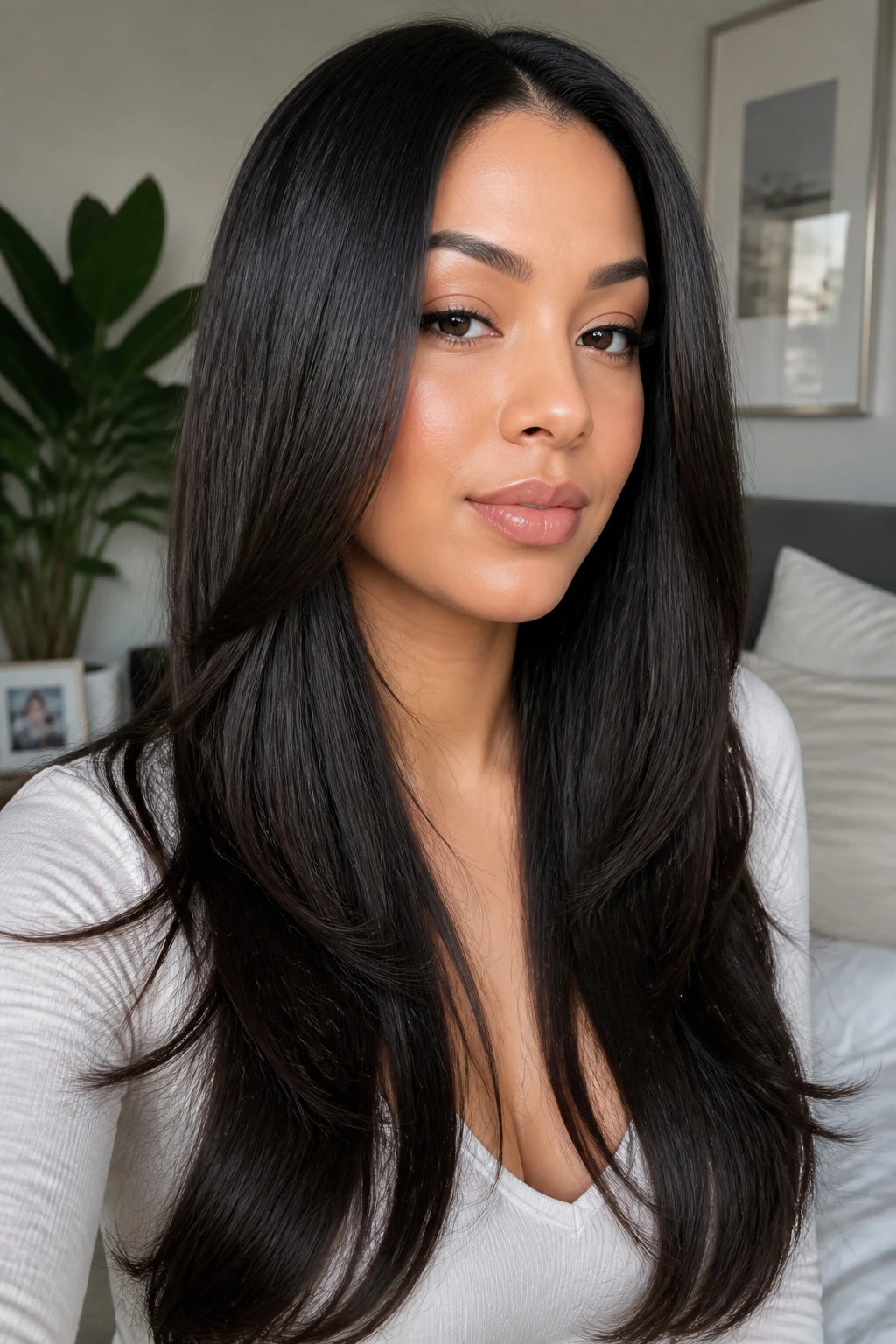 Real woman with long straight layers in a sunlit bedroom setup