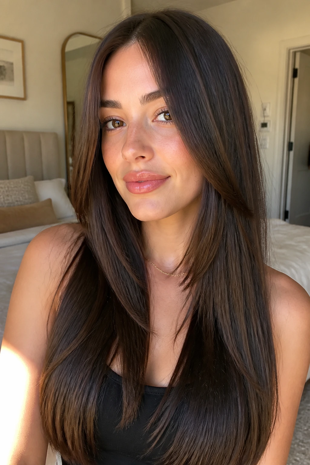 Portrait of brunette woman with long straight layers inner bevel