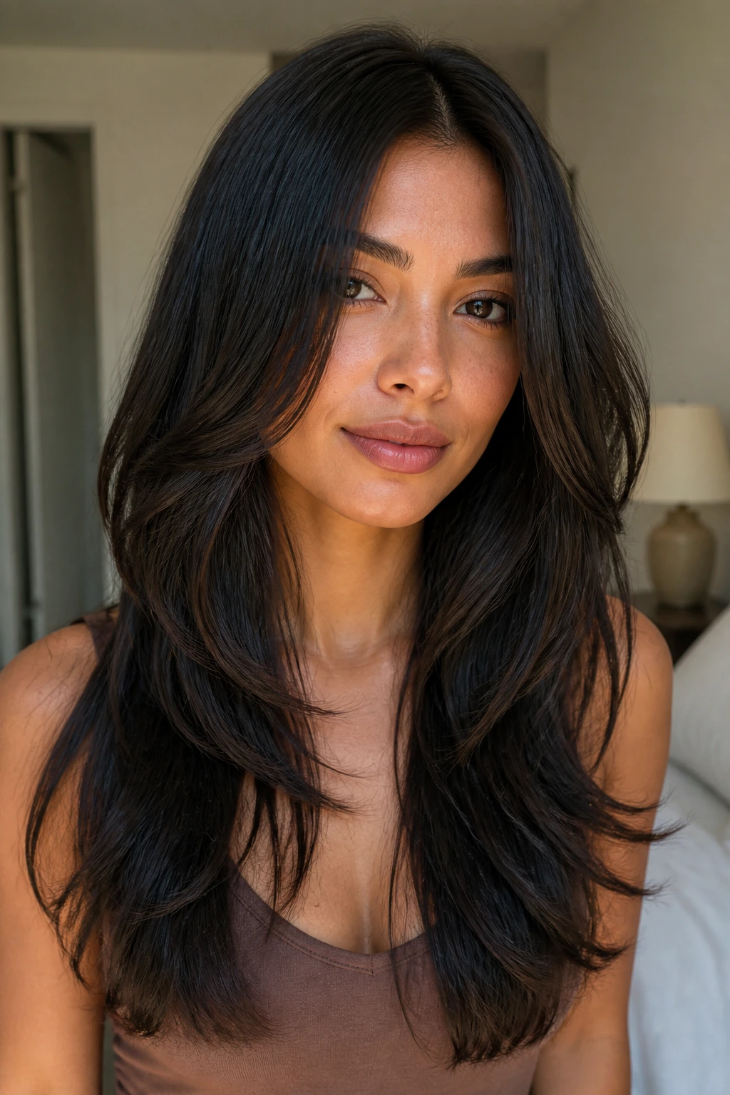 Close-up portrait of a real person with long straight layered hair showing weight at the ends