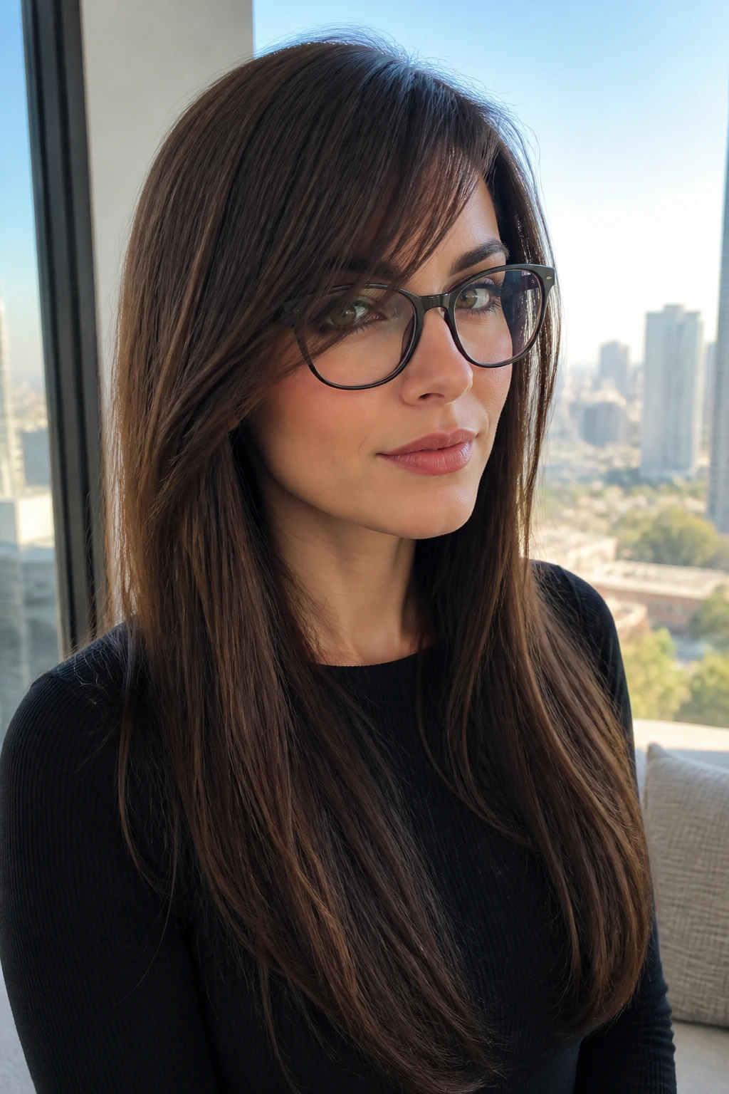 Close-up portrait of a real woman with long straight hair and piecey front arc