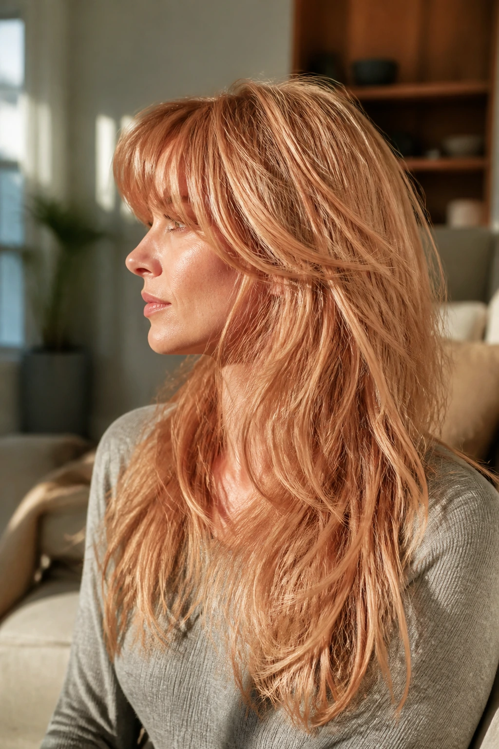 Portrait of long strawberry blonde shag showing length and movement