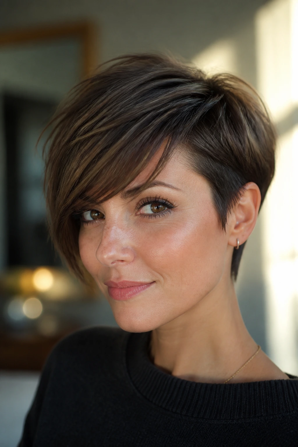 Close-up portrait of a real woman with a long diagonally swept fringe and tapered sides.