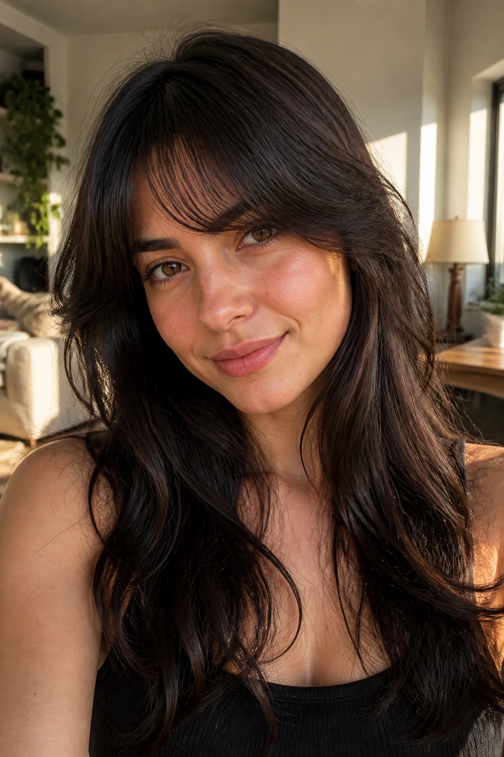 Real woman with long swing bangs and side sweep